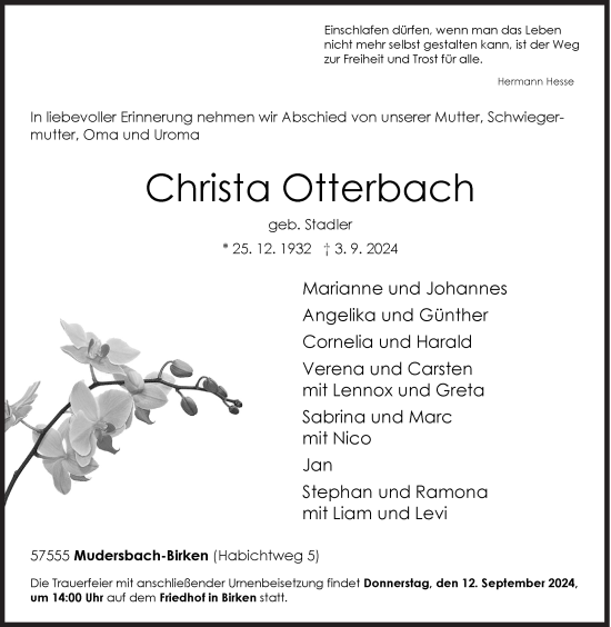 Traueranzeige von Christa Otterbach von Siegener Zeitung