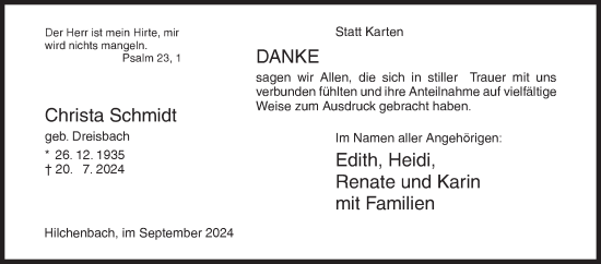 Traueranzeige von Christa Schmidt von Siegener Zeitung