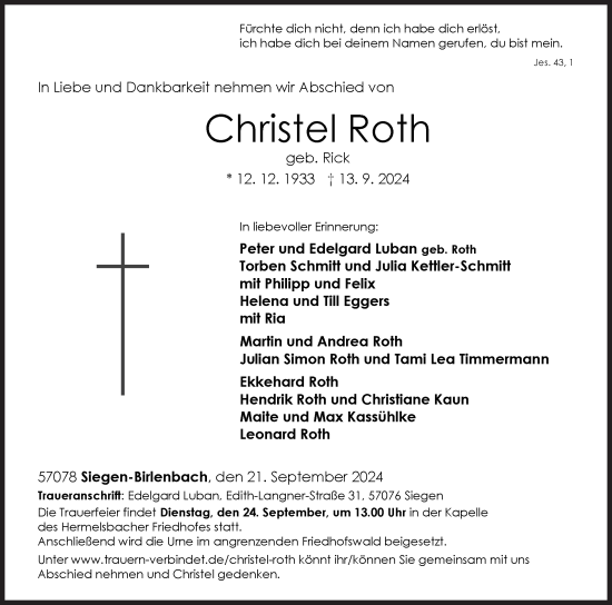 Traueranzeige von Christel Roth von Siegener Zeitung