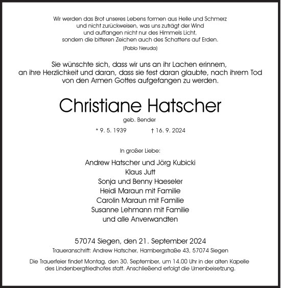 Traueranzeige von Christiane Hatscher von Siegener Zeitung