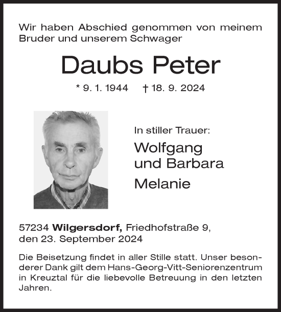 Traueranzeige von Daubs Peter von Siegener Zeitung