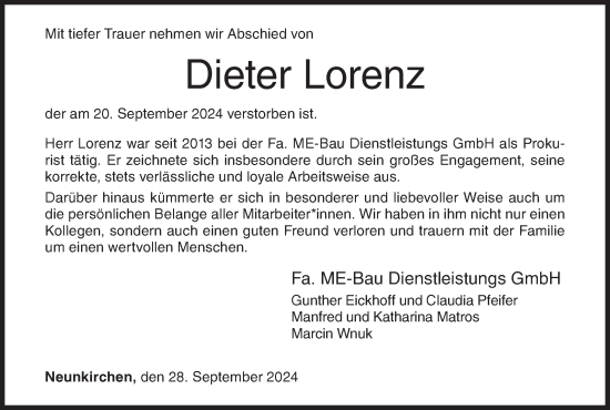 Traueranzeige von Dieter Lorenz von Siegener Zeitung