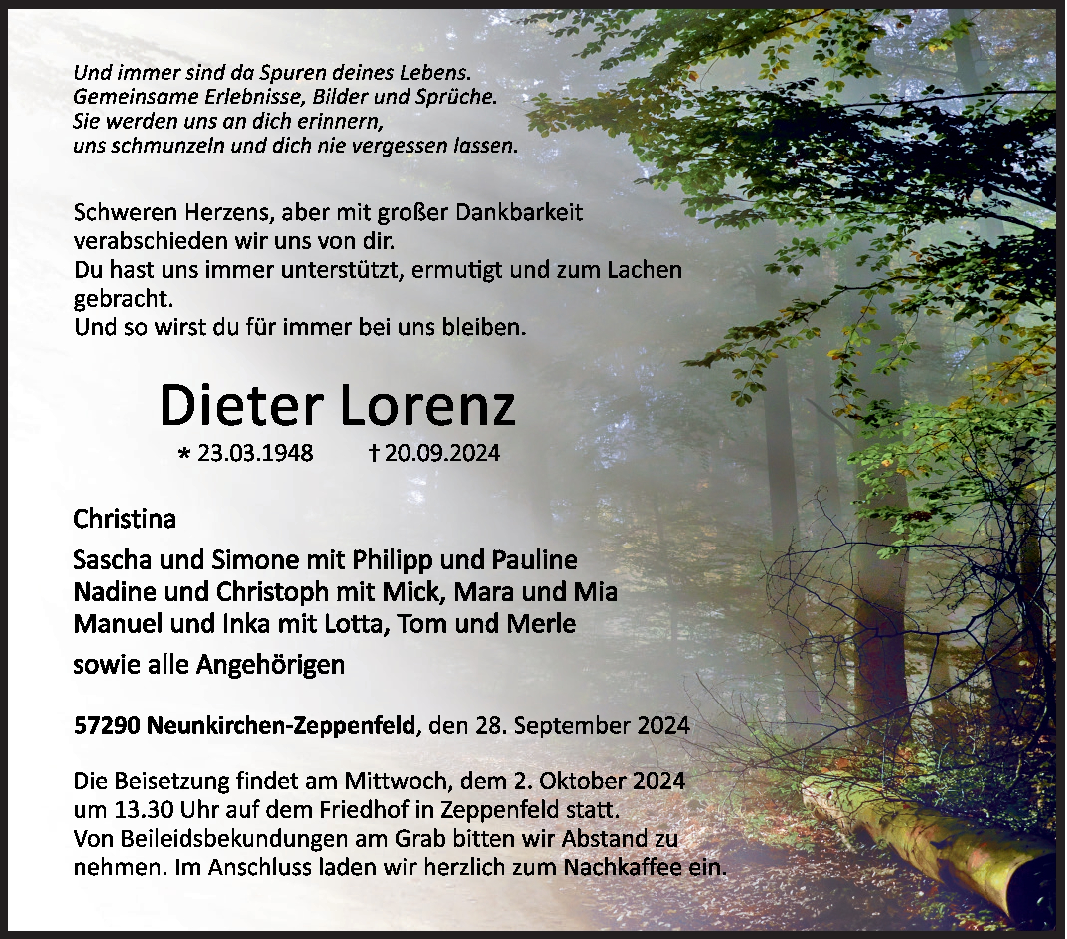  Traueranzeige für Dieter Lorenz vom 28.09.2024 aus Siegener Zeitung