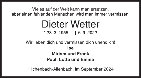 Traueranzeige von Dieter Wetter von Siegener Zeitung