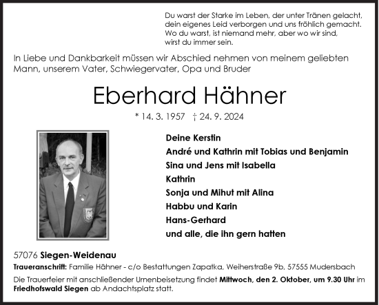 Traueranzeige von Eberhard Hähner von Siegener Zeitung
