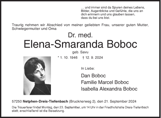 Traueranzeige von Elena-Smaranda Boboc von Siegener Zeitung