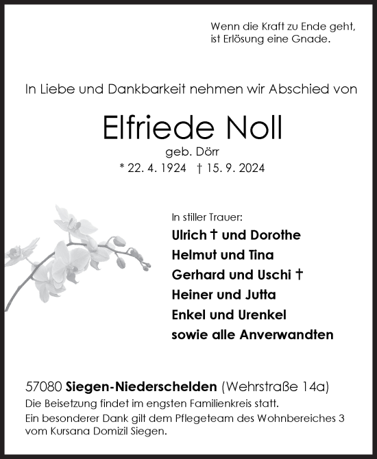 Traueranzeige von Elfriede Noll von Siegener Zeitung