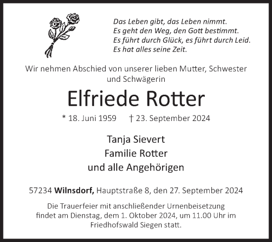Traueranzeige von Elfriede Rotter von Siegener Zeitung