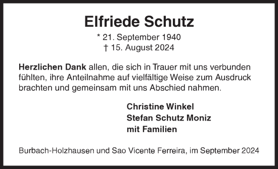 Traueranzeige von Elfriede Schutz von Siegener Zeitung