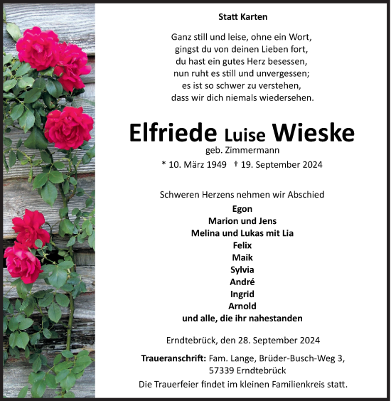 Traueranzeige von Elfriede Luise Wieske von Siegener Zeitung
