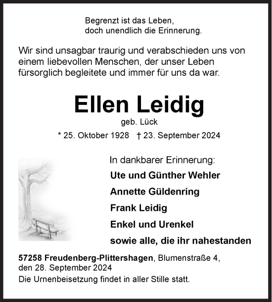 Traueranzeige von Ellen Leidig von Siegener Zeitung