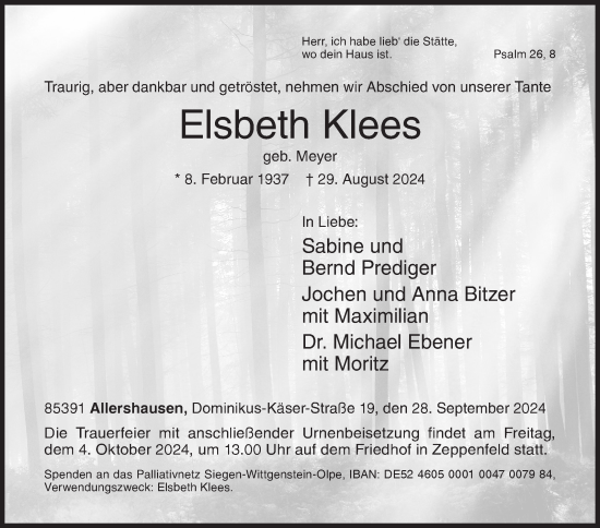 Traueranzeige von Elsbeth Klees von Siegener Zeitung