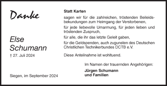Traueranzeige von Else Schumann von Siegener Zeitung