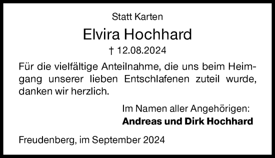 Traueranzeige von Elvira Hochhard von Siegener Zeitung
