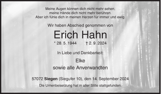 Traueranzeige von Erich Hahn von Siegener Zeitung