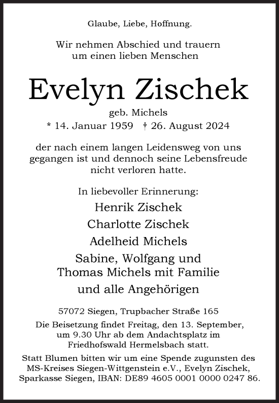 Traueranzeige von Evelyn Zischek von Siegener Zeitung