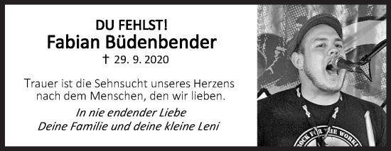 Traueranzeige von Fabian Büdenbender von Siegener Zeitung