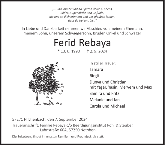 Traueranzeige von Ferid Rebaya von Siegener Zeitung
