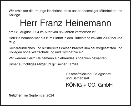 Traueranzeige von Franz Heinemann von Siegener Zeitung