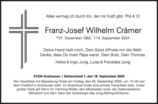 Traueranzeige von Franz-Josef Crämer von Siegener Zeitung