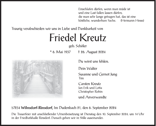 Traueranzeige von Friedel Kreutz von Siegener Zeitung