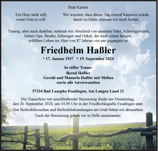 Traueranzeige von Friedhelm Haßler von Siegener Zeitung