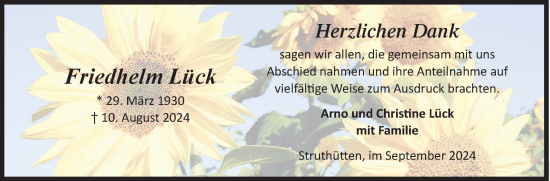 Traueranzeige von Friedhelm Lück von Siegener Zeitung