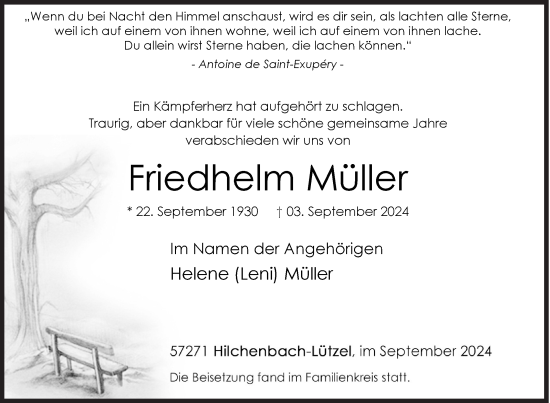 Traueranzeige von Friedhelm Müller von Siegener Zeitung