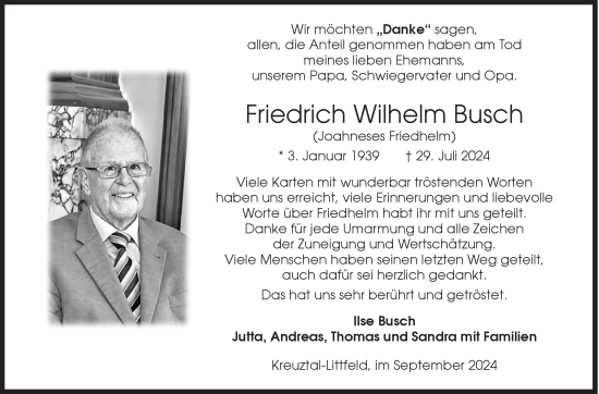 Traueranzeige von Friedrich Wilhelm Busch von Siegener Zeitung