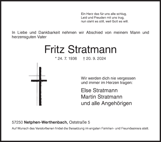 Traueranzeige von Fritz Stratmann von Siegener Zeitung