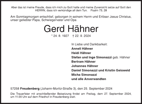 Traueranzeige von Gerd Hähner von Siegener Zeitung