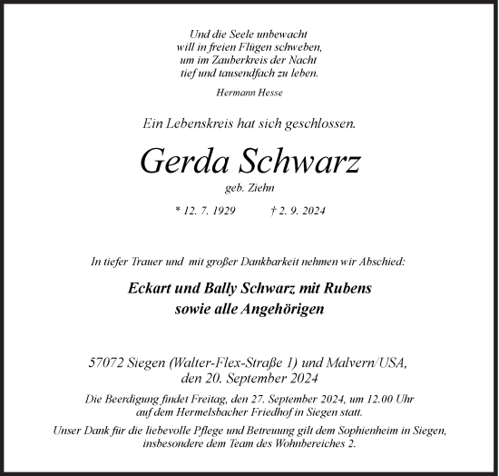 Traueranzeige von Gerda Schwarz von Siegener Zeitung