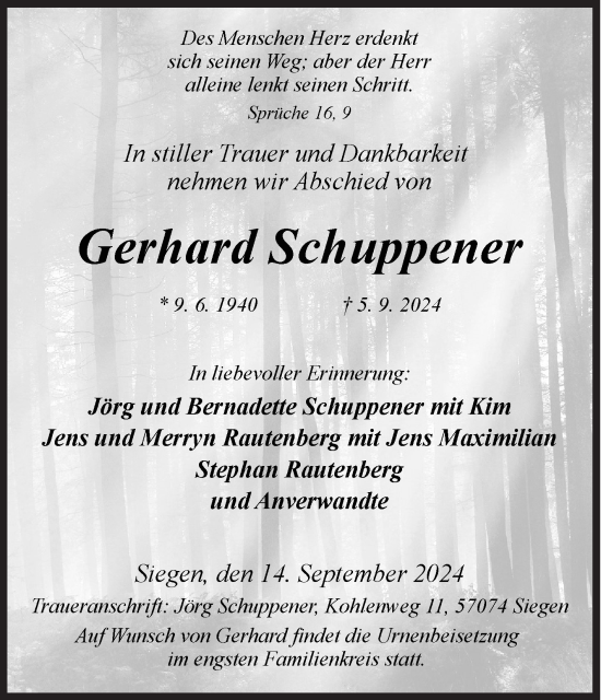 Traueranzeige von Gerhard Schuppener von Siegener Zeitung