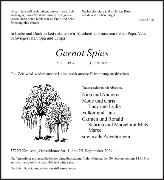 Traueranzeige von Gernot Spies von Siegener Zeitung