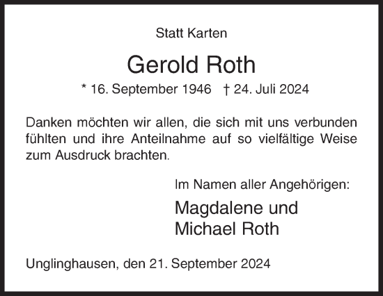 Traueranzeige von Gerold Roth von Siegener Zeitung