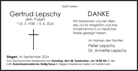 Traueranzeige von Gertrud Lepschy von Siegener Zeitung