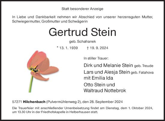 Traueranzeige von Gertrud Stein von Siegener Zeitung