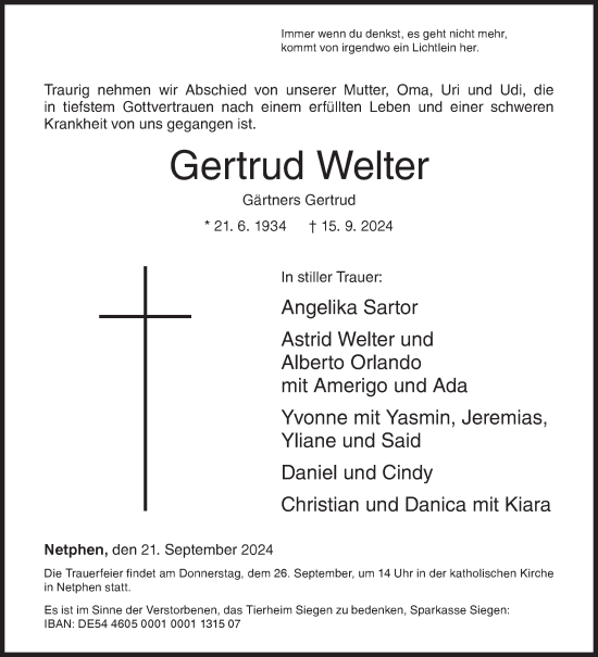 Traueranzeige von Gertrud Welter von Siegener Zeitung