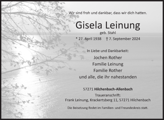 Traueranzeige von Gisela Leinung von Siegener Zeitung