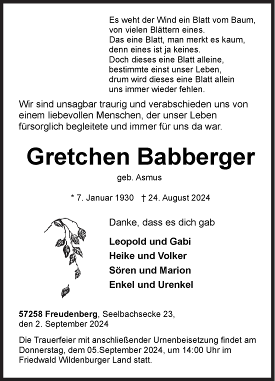 Traueranzeige von Gretchen Babberger von Siegener Zeitung
