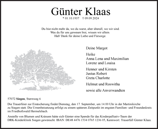 Traueranzeige von Günter Klaas von Siegener Zeitung