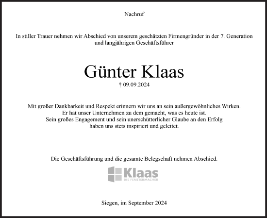 Traueranzeige von Günter Klaas von Siegener Zeitung