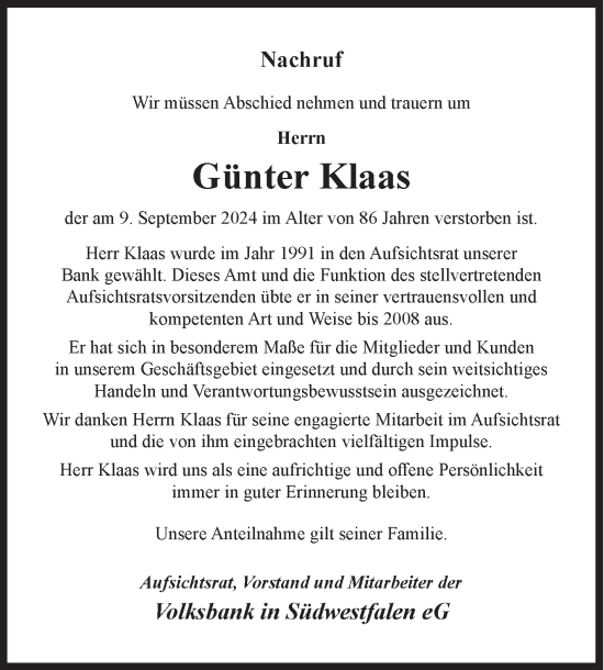Traueranzeige von Günter Klaas von Siegener Zeitung