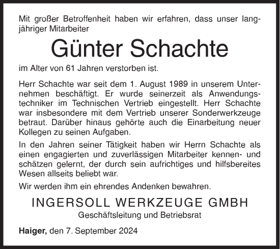 Traueranzeige von Günter Schachte von Siegener Zeitung
