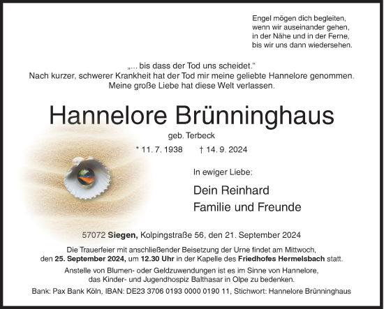 Traueranzeige von Hannelore Brünninghaus von Siegener Zeitung