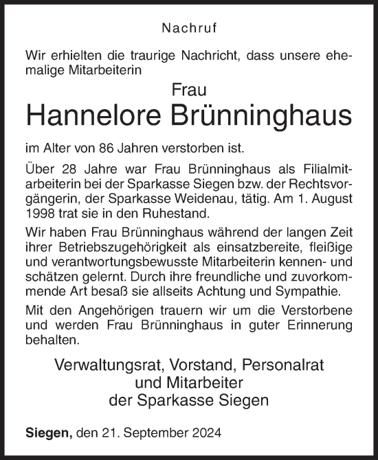 Traueranzeige von Hannelore Brünninghaus von Siegener Zeitung