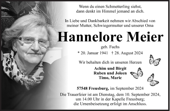 Traueranzeige von Hannelore Meier von Siegener Zeitung
