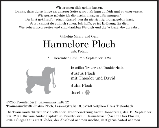 Traueranzeige von Hannelore Ploch von Siegener Zeitung