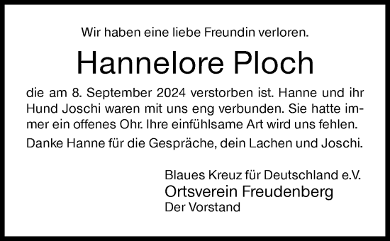 Traueranzeige von Hannelore Ploch von Siegener Zeitung