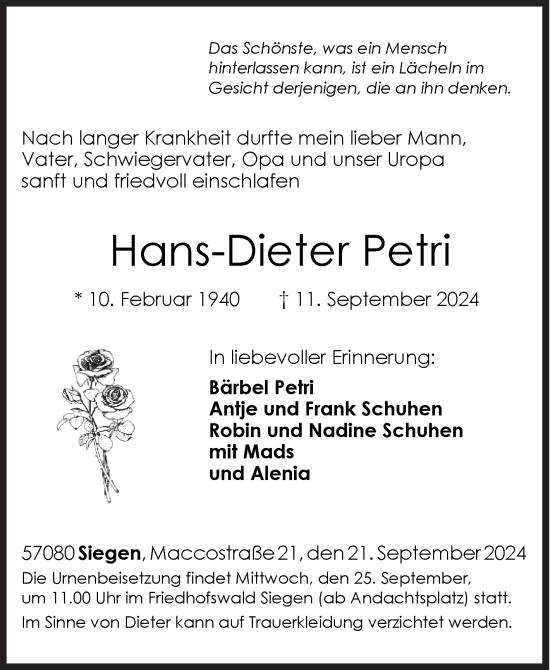 Traueranzeige von Hans-Dieter Petri von Siegener Zeitung